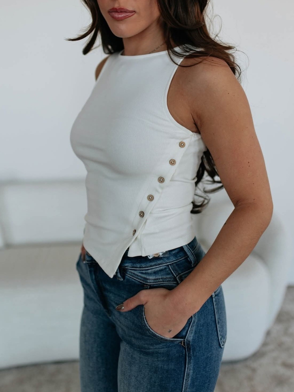 Sleeveless Button-Side Rib Tank Top - Ivory - Picture 1 of 4